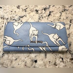Miu Miu Rare EUC Cats Light Blue Leather Long Wallet